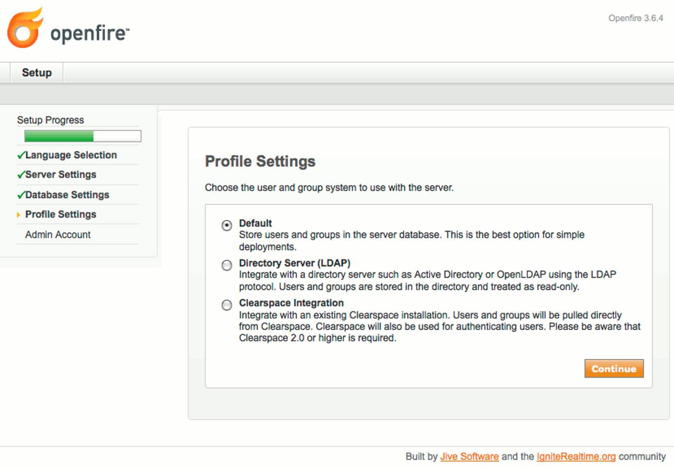 Profile storage selection in Openfire setup on Ubuntu 10.04 (Lucid). Profile storage selection in Openfire setup on Ubuntu 10.04 (Lucid).
